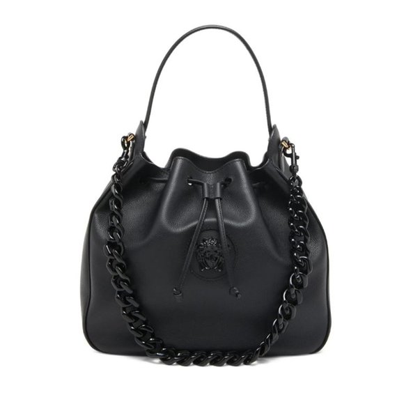 Versace Handbags - Versace La Medusa Leather Drawstring Shoulder Bag Black